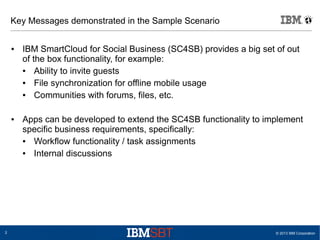 Key Messages demonstrated in the Sample Scenario
●

●

2

IBM SmartCloud for Social Business (SC4SB) provides a big set of...