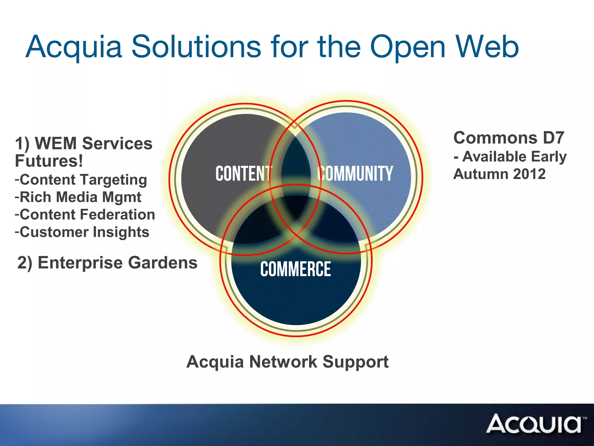 Acquia Solutions for the Open Web

1) WEM Services                                Commons D7
Futures!                                       - Available Early
-Content Targeting                             Autumn 2012
-Rich Media Mgmt
-Content Federation
-Customer Insights

2) Enterprise Gardens




                      Acquia Network Support
 