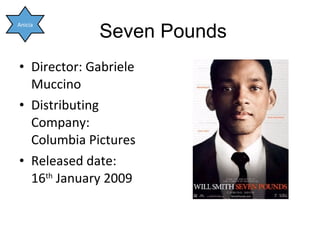 Seven Pounds Director: Gabriele Muccino Distributing Company: Columbia Pictures Released date: 16 th  January 2009 Anicia 