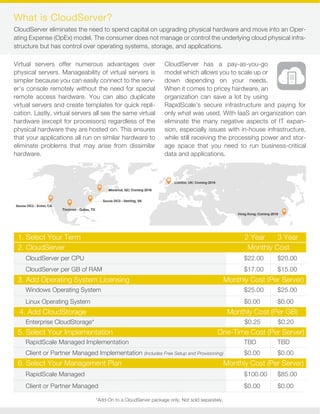 *Add-On to a CloudServer package only. Not sold separately.
What is CloudServer?
CloudServer eliminates the need to spend capital on upgrading physical hardware and move into an Oper-
ating Expense (OpEx) model. The consumer does not manage or control the underlying cloud physical infra-
structure but has control over operating systems, storage, and applications.
Virtual servers offer numerous advantages over
physical servers. Manageability of virtual servers is
simpler because you can easily connect to the serv-
er’s console remotely without the need for special
remote access hardware. You can also duplicate
virtual servers and create templates for quick repli-
cation. Lastly, virtual servers all see the same virtual
hardware (except for processors) regardless of the
physical hardware they are hosted on. This ensures
that your applications all run on similar hardware to
eliminate problems that may arise from dissimilar
hardware.
CloudServer has a pay-as-you-go
model which allows you to scale up or
down depending on your needs.
When it comes to pricey hardware, an
organization can save a lot by using
RapidScale’s secure infrastructure and paying for
only what was used. With IaaS an organization can
eliminate the many negative aspects of IT expan-
sion, especially issues with in-house infrastructure,
while still receiving the processing power and stor-
age space that you need to run business-critical
data and applications.
2. CloudServer Monthly Cost
$22.00 $20.00CloudServer per CPU
3. Add Operating System Licensing Monthly Cost (Per Server)
$25.00 $25.00Windows Operating System
$0.00 $0.00Linux Operating System
$17.00 $15.00CloudServer per GB of RAM
RapidScale Managed $100.00 $85.00
Client or Partner Managed $0.00 $0.00
6. Select Your Management Plan Monthly Cost (Per Server)
RapidScale Managed Implementation TBD TBD
Client or Partner Managed Implementation (Includes Free Setup and Provisioning) $0.00 $0.00
5. Select Your Implementation One-Time Cost (Per Server)
1. Select Your Term 2 Year 3 Year
$0.25 $0.20Enterprise CloudStorage*
4. Add CloudStorage Monthly Cost (Per GB)
 