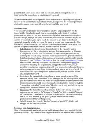Jones Library ESL Center 2012 11
presentation. Share these notes with the student, and encourage him/her to
incorporate the suggestions in a subsequent rehearsal.
NOTE: When students do oral presentations or summarize a passage, one option is
to have them record themselves ahead of time, then go over the recording with you
during the session to get your ideas on how it might be improved.
Pronunciation
Your student will probably never sound like a native English speaker, but it’s
important for him/her to speak clearly enough to be understood. If you hear
pronunciation patterns that interfere with intelligibility, let the student complete
his/her thought, then go back and address the pronunciation problem. Model the
correct pronunciation, and try to coach the student to get closer to the target
sound(s). It may be helpful to record the word or phrase on a voice recorder (the
library has a few that can be checked out) or smart phone so that the student can
review and practice between sessions. Common errors include:
 Substitutions: the target sound does not exist in the student’s native
language, so he/she is substituting a sound that seems similar. In this case,
it’s important to make sure the student can hear the target sound, so try
quizzing the sounds using “minimal pairs” such as bit/bet. (For an extensive
list of minimal pairs, (as well as common pronunciation problems for specific
languages) visit Ted Power’s website or find the book Pronunciation Pairs on
the Advanced Speaking shelf. (You can download a sample unit here.) In
addition to modeling the target sound, exaggerate it somewhat, and, if
possible, explain what you are doing with your tongue, teeth, lips, or throat in
order to make the sound. Note: in multi-syllable words, it’s best to break the
word down into separate syllables and coach the problem syllable before
attacking the full word.
 Omissions: the student is leaving off one or more sounds in a word (for
example, saying “star” instead of “start.”) Exaggerate the missing sound when
you model the word. Write the word and underline the letter that represents
the missing sound (start). Students may also omit syllables from words, (like
“constution” instead of “constitution.”) In this case, it may also help to tap out
the syllables, or count them on your fingers.
 Inclusions: the student is inserting a sound that doesn’t belong there (for
example, saying “care-ee-ful” instead of “careful” or “this is uh good” instead
of “this is good.” Usually this is a failure to link together two consonants (e.g.
the “s” in “this” and the “g” in “good.”) Model and coach the correct
pronunciation of the word or phrase.
 Syllable stress: for example, “PO-lice” instead of “po-LICE”). Model and
exaggerate the stressed syllable.
Sentence structure/grammar
Most of our advanced-level students are highly educated and have studied English
grammar already. They can often explain grammar rules better than their teachers
 