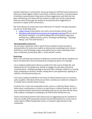 Jones Library ESL Center 2012 9
and then improvise a conversation. As you go along, you will find many instances in
which you could suggest a better word choice, sentence structure, or pronunciation
to facilitate communication. Keep notes on these suggestions, and when the role
play is finished go over them with the student to make sure he/she understands
what you mean. Encourage the student to incorporate these suggestions in
successive re-plays of the conversation.
The Tutor Resources section has some collections of “canned” role play situations
you can use to get ideas from:
 Cathy’s Cards (A blue plastic case with a set of role play activity cards)
 Situations and Guided Conversations for Language Learning (This is a set of
blue plastic envelopes in a small cardboard box on the bottom shelf. Each
envelope has a different theme, such as “Greetings and Meetings,” “Spending
Money,” and “Fun with Friends.”)
Sharing hobbies/interests
Do you enjoy a particular craft or sport? If your student is interested, give a
demonstration. Or invite your student to demonstrate something to you. Do you
both like to cook? Exchange recipes and explain how to make something. If you
have a collection of some kind, offer a “show and tell” session.
Field trips
There is no rule that says you have to hold your sessions in the library. Students can
learn a lot about their new environment by visiting new places. For example:
 Go to ordinary public places that you would visit in the course of daily life, and
demonstrate (or encourage your student to engage in) some type of practical
communication—mailing a package at the post office, visiting a relative in a nursing
home, shopping at a farmer’s market, asking about a job opportunity, signing up a
child for a recreational activity, etc.
 See if your student would like to visit sites of cultural interest such as a museum,
park, or gallery. Talk about what you see there, and ask your student to compare it
to similar sites in his/her home country.
 Look for free or low-cost community events, such as a crafts fair, flower show, a
home show, a performance or lecture, an open house, a cultural festival, etc. See if
your student would be interested in attending with you (or just describe the event
if the student is looking for something to do with his/her family later on).
 Some conversation partners have had success in suggesting ways for students to
interact socially with community members by introducing them to events such as
contra dances, UMass Outing Club events, or volunteer opportunities in the
community.
 