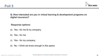 35
Poll
Q. How interested are you in virtual learning & development programs on
digital insurance?
Response options:
a) Yes - for me & my company
b) Yes - for me
c) Yes - for my company
d) No - I think we know enough in this space
Poll 5
Working together to accelerate the digital transformation of insurance
Copyright © 2021 The Digital insurer. All rights reserved.
 