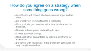 How do you agree on a strategy when
something goes wrong?
15
oLevel heads will prevail, at all costs control anger and be
calm.
oBe proactive in working towards a resolution.
oCommunicate, you must set aside time to talk about the
business.
oDiscuss action’s you’re each willing to take.
oCreate a plan for change.
oHold each other accountable by setting a timeframe for
evaluation.
oBe honest with yourselves, if it is a wrong fit continuing will
only complicate matters.
 