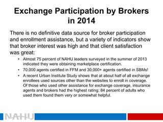Exchange Participation by Brokers in 2014 
There is no definitive data source for broker participation and enrollment assistance, but a variety of indicators show that broker interest was high and that client satisfaction was great: 
•Almost 75 percent of NAHU leaders surveyed in the summer of 2013 indicated they were obtaining marketplace certification. 
•70,000 agents certified in FFM and 30,000+ agents certified in SBMs! 
•A recent Urban Institute Study shows that at about half of all exchange enrollees used sources other than the websites to enroll in coverage. Of those who used other assistance for exchange coverage, insurance agents and brokers had the highest rating; 84 percent of adults who used them found them very or somewhat helpful.  