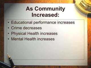 As Community Increased: Educational performance increases Crime decreases Physical Health increases Mental Health increases 