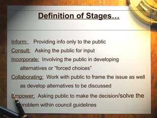 Definition of Stages… Inform:  Providing info only to the public Consult:   Asking the public for input Incorporate:   Involving the public in developing alternatives or “forced choices” Collaborating:   Work with public to frame the issue as well as develop alternatives to be discussed Empower:   Asking public to make the decision /solve the  problem within council guidelines 