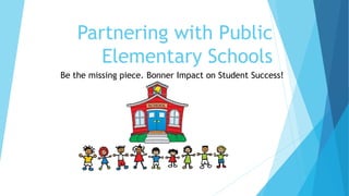 Partnering with Public
Elementary Schools
Be the missing piece. Bonner Impact on Student Success!
 