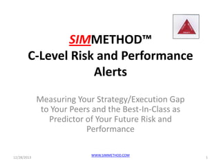 SIMMETHOD™
C-Level Risk and Performance
Alerts
Measuring Your Strategy/Execution Gap
to Your Peers and the Best-In-Class as
Predictor of Your Future Risk and
Performance
12/28/2013

WWW.SIMMETHOD.COM

1

 