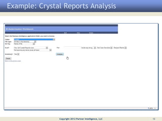 Example: Crystal Reports Analysis




               Copyright 2012 Partner Intelligence, LLC   13
 