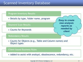 Scanned Inventory Database

  Program Inventory Results

  • Details by type, folder name, program
                                                                  Easy to create
                                                                  new analysis
  Keyword Scan Results                                              reports as
                                                                   needed by
  • Counts for Keywords
                                                                      client

  Redundancy Results

  • Counts for Objects (e.g., Table and Column names) and
    Object types

  Client-based Business Rules

  • Added to assist with analsysi, obsolescence, redundancy, etc.

                       Copyright 2012 Partner Intelligence, LLC                    23
 