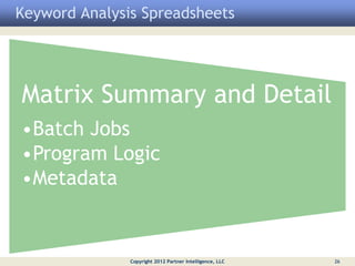 Keyword Analysis Spreadsheets




Matrix Summary and Detail
•Batch Jobs
•Program Logic
•Metadata


               Copyright 2012 Partner Intelligence, LLC   26
 