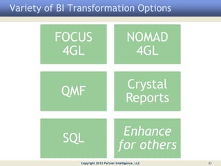 Variety of BI Transformation Options


          FOCUS                               NOMAD
           4GL                                 4GL

                                             Crystal
           QMF
                                             Reports

                                         Enhance
           SQL
                                        for others
               Copyright 2012 Partner Intelligence, LLC   33
 