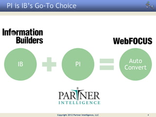 PI is IB’s Go-To Choice




                                                            Auto
   IB                            PI
                                                           Convert




                Copyright 2012 Partner Intelligence, LLC             4
 