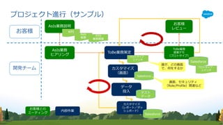 お客様
開発チーム
AsIs業務説明
AsIs業務
ヒアリング
KPI
AsIs
帳票
AsIs
業務概要
ToBe業務策定
カスタマイズ
（画⾯）
データ
投⼊
カスタマイズ
（レポート／ダッ
シュボード）
ToBe業務
提案デモ
（プロトタイプ）
お客様
レビュー
Salesforce
テスト
データ
Salesforce
プロトタイプ・
シナリオ
Salesforce
プロトタイプ・
シナリオ
お客様との
ミーティング
内部作業
誰が、どの画⾯
で、何をするか
画⾯、セキュリティ
（Role/Profile）関連など
プロジェクト進⾏（サンプル）
 