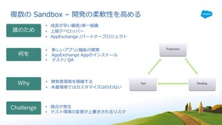 複数の Sandbox – 開発の柔軟性を⾼める
• 新しいアプリ/機能の開発
• AppExchange Appのインストール
• テスト/ QA
• 成⻑が早い顧客/単⼀組織
• 上級デベロッパー
• AppExchange /パートナープロジェクト
• 開発者環境を隔離する
• 本番環境ではカスタマイズは⾏わない
• 競合が発⽣
• テスト環境の変更が上書きされるリスク
Challenge
誰のため
Why
何を
 