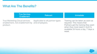 ​ True Marketing Cloud services
enablement, not enablement by
product.
​ 
Applicable to all partner types
and employees.
​ Training can be taken as soon as
required. This means that
Partners get the training they want
when they most need it. And it’s
available 24 hours a day, 7 days a
week.
True Services
Enablement
Relevant Immediate
What Are The Benefits?
 