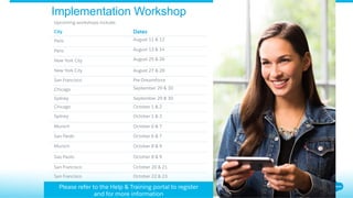 Implementation Workshop
Upcoming workshops include:
City Dates
Paris August 11 & 12
Paris August 13 & 14
New York City August 25 & 26
New York City August 27 & 28
San Francisco Pre-Dreamforce
Chicago September 29 & 30
Sydney September 29 & 30
Chicago October 1 & 2
Sydney October 1 & 2
Munich October 6 & 7
Sao Paolo October 6 & 7
Munich October 8 & 9
Sao Paolo October 8 & 9
San Francisco October 20 & 21
San Francisco October 22 & 23
Please refer to the Help and Training Portal to register and for more information.
Please refer to the Help & Training portal to register
and for more information
 