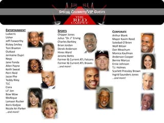 SPECIAL CELEBRITY/VIP GUESTS



ENTERTAINMENT       SPORTS                          CORPORATE
Ludacris            Chipper Jones                   Arthur Blank
Usher               Julius “Dr. J” Erving           Mayor Kasim Reed
Jeff Foxworthy      Charles Barkley                 Soledad O’Brien
Rickey Smiley       Brian Jordan                    Wolf Blitzer
Toni Braxton        Derek Anderson                  Dan Meachum
Outkast             Hines Ward                      Monica Kaufman
Jermaine Dupri      Jerome Bettis                   Anderson Cooper
Neyo                Former & Current ATL Falcons    Bernie Marcus
Jane Fonda          Former & Current ATL Braves     Ernie Johnson
Allen Payne         …and more!                      T.J. Holmes
Keith Sweat
                                                    Scarlett Pressley Brown
Perri Reid
                                                    Ingrid Saunders Jones
Jazze Phe                                           …and more!
Teddy Riley
TLC
Ciara
Lil’ Jon
Bow Wow
MoNique
Lamaan Rucker
Boris Kodjoe
Nicole Ari Parker
…and more!
 