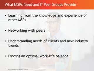 What MSPs Need and IT Peer Groups Provide
© 2015 eFolder, Inc. All Rights Reserved.
1
• Learning from the knowledge and experience of
other MSPs
• Networking with peers
• Understanding needs of clients and new industry
trends
• Finding an optimal work-life balance
 