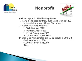 Includes up to 12 Membership Levels.
1. Level 1 includes 10 Individual Memberships FREE
 Levels 2 through 12 are Discounted
2. Other Marketing Features
 Web Banners FREE
 Partner Article FREE
 Event Promotions FREE
 Total Value $3,950 FREE
Dinner Club Membership at $55 pp result in 30% Gift
•100 Members $1,800
•1,000 Members $18,000
•Etc.
 