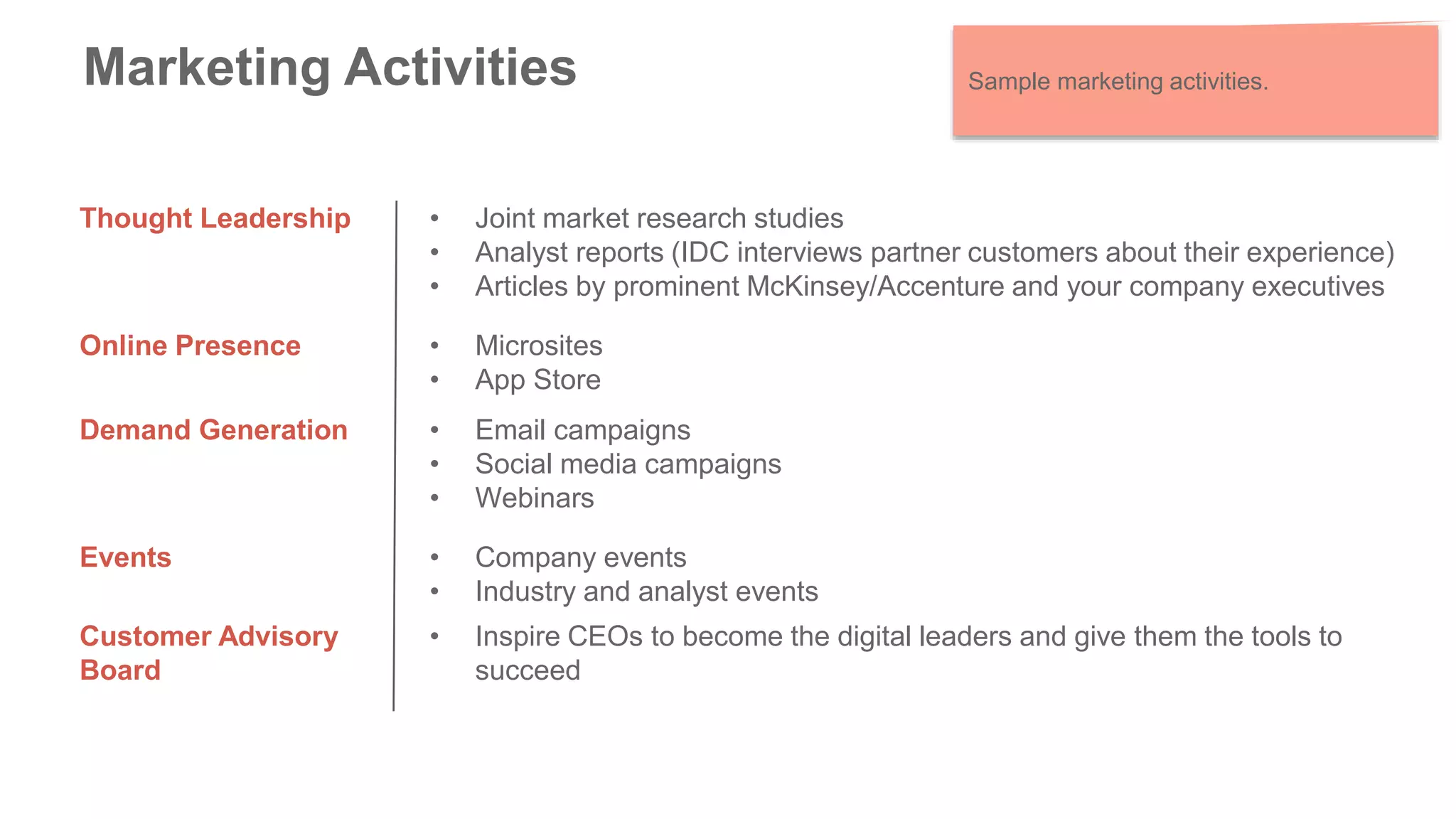 Marketing Activities
Thought Leadership • Joint market research studies
• Analyst reports (IDC interviews partner customers about their experience)
• Articles by prominent McKinsey/Accenture and your company executives
Online Presence • Microsites
• App Store
Demand Generation • Email campaigns
• Social media campaigns
• Webinars
Events • Company events
• Industry and analyst events
Customer Advisory
Board
• Inspire CEOs to become the digital leaders and give them the tools to
succeed
Sample marketing activities.
 