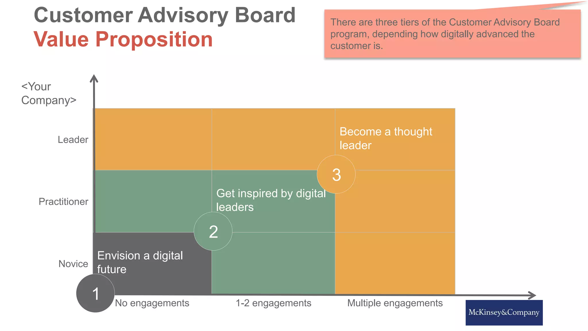 Leader
Become a thought
leader
Practitioner
Get inspired by digital
leaders
Novice
Envision a digital
future
No engagements 1-2 engagements Multiple engagements
Customer Advisory Board
Value Proposition
<Your
Company>
There are three tiers of the Customer Advisory Board
program, depending how digitally advanced the
customer is.
2
3
1
 