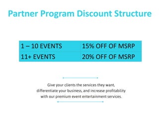 1 – 10 EVENTS 
15% OFF OF MSRP 
11+ EVENTS 
20% OFF OF MSRP 
Partner Program Discount Structure  