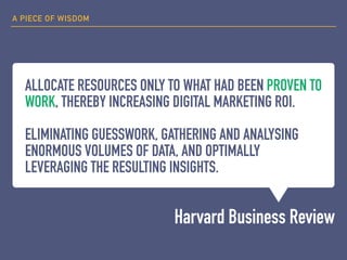 ALLOCATE RESOURCES ONLY TO WHAT HAD BEEN PROVEN TO
WORK, THEREBY INCREASING DIGITAL MARKETING ROI.


ELIMINATING GUESSWORK, GATHERING AND ANALYSING
ENORMOUS VOLUMES OF DATA, AND OPTIMALLY
LEVERAGING THE RESULTING INSIGHTS.
Harvard Business Review
A PIECE OF WISDOM
 