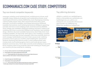 ECOMMANIACS.COM CASE STUDY: COMPETITORS
Top non-brand competitor keywords:


messenger marketing, email marketing funnel, marketing terms to know, email
newsletter design, facebook ad rejected, email marketing benchmarks, email
marketing benchmarks by industry 2020holiday email, dropshipping marketing,
customer loyalty program ideas, what is transactional email, what is email
automation, ecommerce newsletter, email design best practices 2020email
newsletter best practices, email marketing best practices 2020good copywriting
examples, best time to send marketing emails, email best practices 2020data
driven strategy, best newsletters 2020email marketing automation, holiday email
marketing, best times to send emails 2020best email newsletters, best newsletter
design, valentine’s day email, newsletter best practices, black friday email, email
marketing newsletter, win back email, clutch agency, churn marketing, successful
ecommerce business, types of email campaigns, how to buy email lists, what is an
email campaign, facebookadaccount, how to clean up your email, mailchimp
ecommerce, how to grow your email list, email marketing
fi
rm, banned from
facebook advertising, best welcome emails, is email marketing dead, cyber
monday email, email marketing agency, how to avoid emails going to spam,
facebook ecommerce store, how to clean out email, email marketing roi, buy email
list for marketing, where to buy email lists, best email marketing for shopify, grow
your email list, purchase email lists for marketing
Top referring domains:


adleaks.co, saashub.com, topdigital.agency


clutch.co, themanifest.com, partnerbase.com


top50adagencies.com, up
fi
rms.com


teckexperts.com, ecomworldconference.com


agencyspotter.com, b2blistings.org


forbes.com, good
fi
rms.co, hubspot.com
 