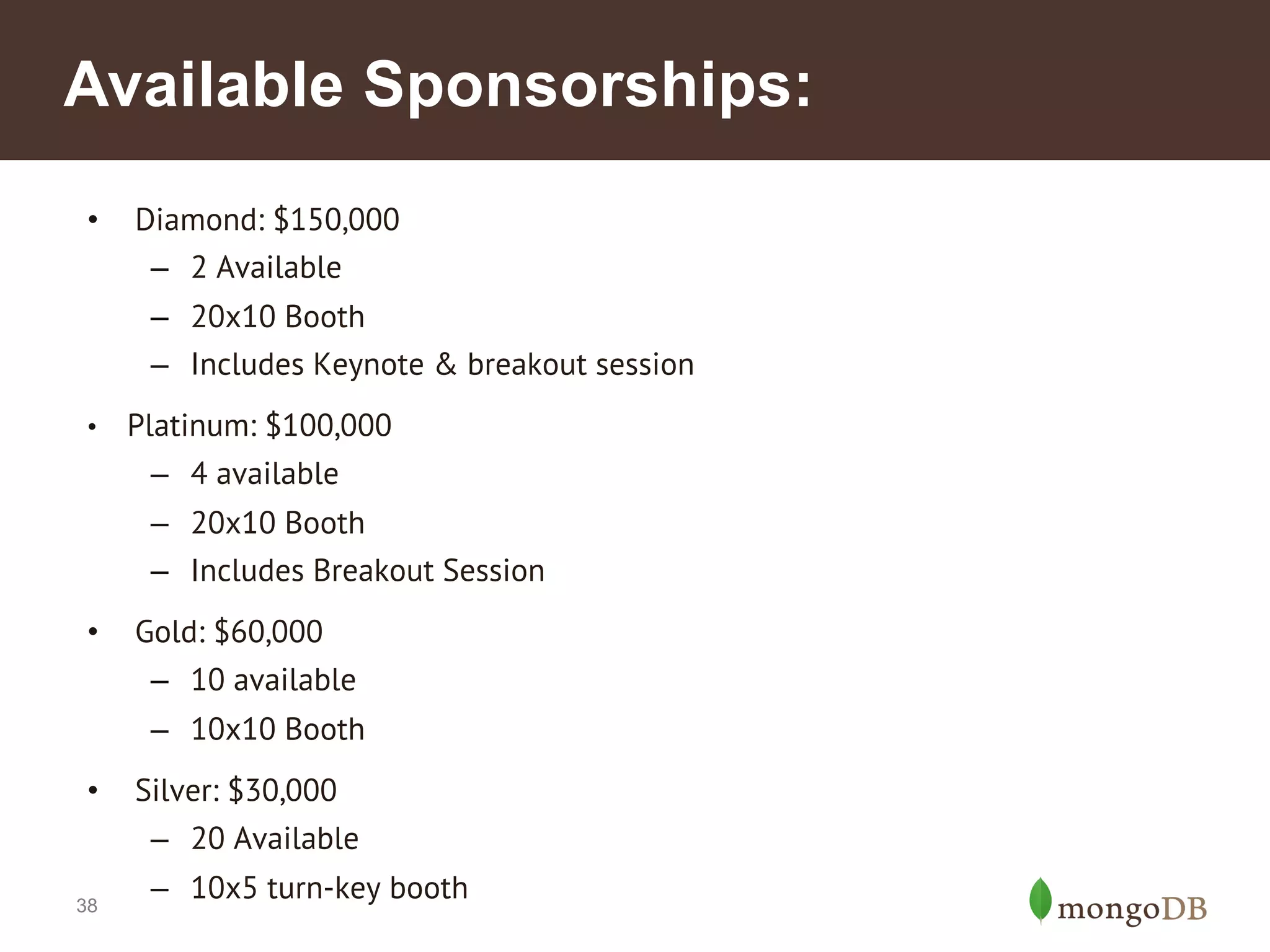 MongoDB World
• First Multi-Day, International Conference
• June 23 – 25, NY NY
• Executive Track
• Target Attendance: 2,000

38

 