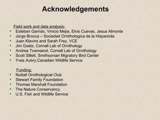 Acknowledgements Field work and data analysis: Esteban Garrido, Vinicio Mejia, Elvis Cuevas, Jesus Almonte  Jorge Brocca – Sociedad Ornithologica de la Hispaniola Juan Klavins and Sarah Frey, VCE Jim Goetz, Cornell Lab of Ornithology Andrea Townsend, Cornell Lab of Ornithology Scott Sillett, Smithsonian Migratory Bird Center Yves Aubry,Canadian Wildlife Service Funding: Nuttall Ornithological Club Stewart Family Foundation  Thomas Marshall Foundation The Nature Conservancy U.S. Fish and Wildlife Service 