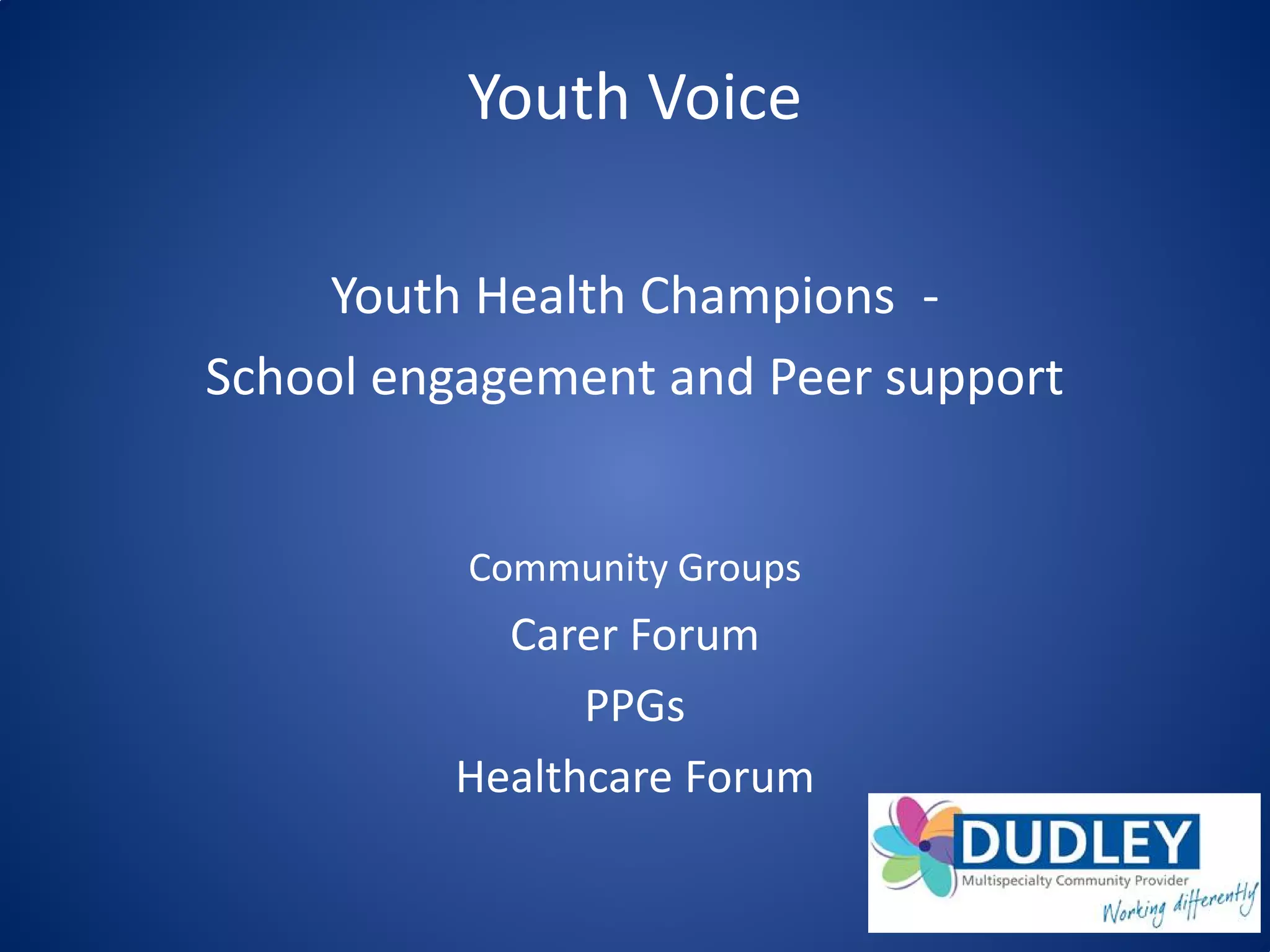 Youth Voice
Youth Health Champions -
School engagement and Peer support
Community Groups
Carer Forum
PPGs
Healthcare Forum
 
