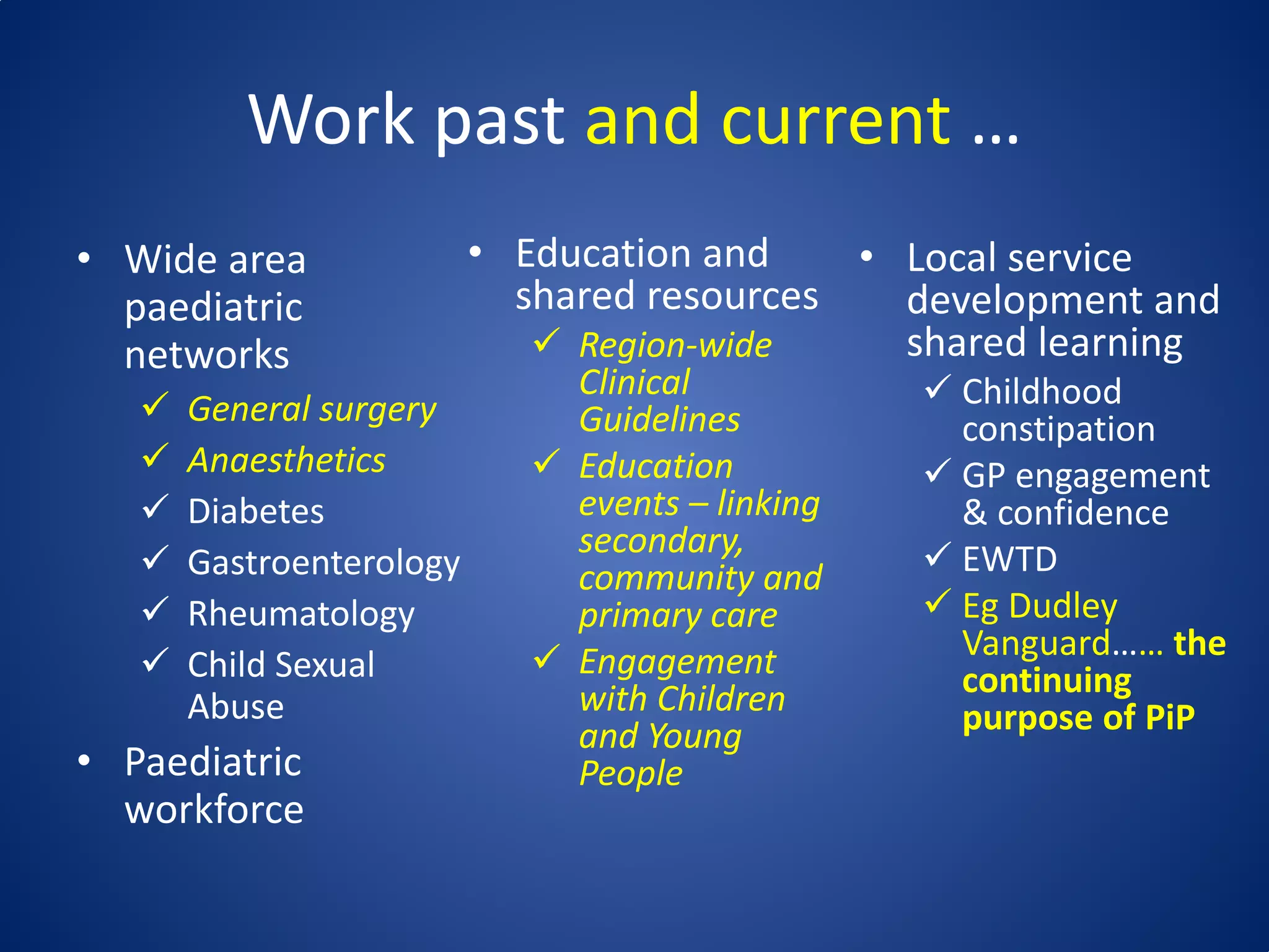 Work past and current …
• Local service
development and
shared learning
 Childhood
constipation
 GP engagement
& confidence
 EWTD
 Eg Dudley
Vanguard…… the
continuing
purpose of PiP
• Wide area
paediatric
networks
 General surgery
 Anaesthetics
 Diabetes
 Gastroenterology
 Rheumatology
 Child Sexual
Abuse
• Paediatric
workforce
• Education and
shared resources
 Region-wide
Clinical
Guidelines
 Education
events – linking
secondary,
community and
primary care
 Engagement
with Children
and Young
People
 
