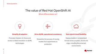 15
Gain hybrid cloud flexibility
Simplify AI adoption
Streamline the process of moving
models from experiments to
production
Drive AI/ML operational consistency
Deploy models in containerized
format across on-prem, clouds and
edge, including disconnected
environments
Promotes freedom of choice and
access to latest innovation on AI/ML
technologies
What differentiates us?
Red Hat OpenShift AI
The value of Red Hat OpenShift AI
 