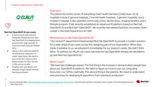 17
Source: Red Hat Q&A: Clalit accelerates research and innovation with AI and GPUs. Interview with Eyal Dviri, Innovation Team Leader in the Data Department at
Clalit. May 2024.
Overview
The patient lies at the center of everything Clalit Health Services (Clalit) does. Its 14
hospitals include 8 general hospitals, 2 mental health hospitals, 2 geriatric hospitals, and a
children’s hospital. It also operates community clinics, dental clinics, imaging facilities, and a
lifestyle program. Clalit recently established an advanced AI platform based on Red Hat
OpenShift AI and Red Hat® OpenShift®. We recently interviewed Eyal Dviri, Innovation Team
Leader in the Data Department at Clalit:
What led you to Red Hat OpenShift AI?
“Our central IT department implemented Red Hat OpenShift to provide a modern solution
for a wide range of use cases across the caregiving part of our organization. When they
made it available to us, we adopted it immediately for our research needs. We didn’t think
twice. To address our ML/AI use cases, because we had OpenShift already, we decided to
go with Red Hat OpenShift AI.”
What’s next?
“We have two challenges ahead. The first thing is the increase in demand when people hear
about our OpenShift AI platform. We need to figure out how to use our computing
resources—our GPUs—optimally. The second thing is the pipeline. We need to understand
best practices for deploying AI algorithms from training to production.”
Red Hat OpenShift AI use cases:
● A joint venture with Harvard
University Medical School. Red
Hat OpenShift AI is helping them
process their large quantity of
structured data using an NVIDIA
GPU.
● Using LLM to pinpoint patients
for preventive medication or
closer inspections. We need to
look at doctors’ notes to find
these people; for that, we use
LLMs such as LLaMa.
● Another use case allows us to
develop image-based machine
learning processes.
Customer perspective: Healthcare
 