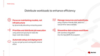 Model training
27
Distribute workloads to enhance efficiency
Focus on maintaining models, not
infrastructure
by dynamically allocating computing power
Automate setup and deployment
so you can get up and running with minimal
effort
Manage resources and submit jobs
using a Python-friendly SDK, which is a
natural fit for data scientists
Prioritize and distribute job execution
using advanced queuing for tasks like
large-scale data analysis
Streamline data science workflows
with seamless integration
into the OpenShift AI ecosystem
 
