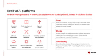 Red Hat offers generative AI and MLOps capabilities for building flexible, trusted AI solutions at scale
Red Hat AI platforms
Red Hat AI platforms
5
Generative
Models
Serving and
monitoring
Lifecycle
management
Resource optimization
and management
Model development
tooling
Scalability, operations
and automation
Hybrid-cloud
support
24x7 Global
premium support
Trust
Meet data location, privacy and security constraints while
controlling costs by owning the decision of where to train,
deploy and run AI models
Consistency
Streamlines the process of managing and monitoring the
lifecycle of models and AI-enabled applications at scale and
across clouds
Choice
Access to ready-to-use environments, models and AI/ML
capabilities from curated open source and emerging
technologies to expedite AI adoption
Alignment
tooling
 
