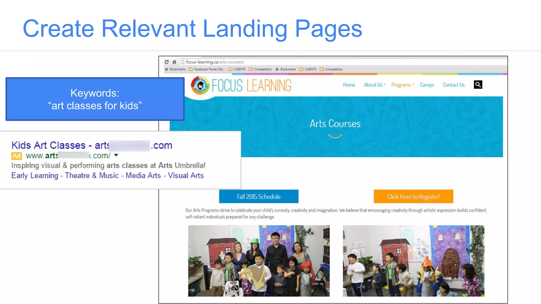Create Relevant Landing Pages
Keywords:
“art classes for kids”
 