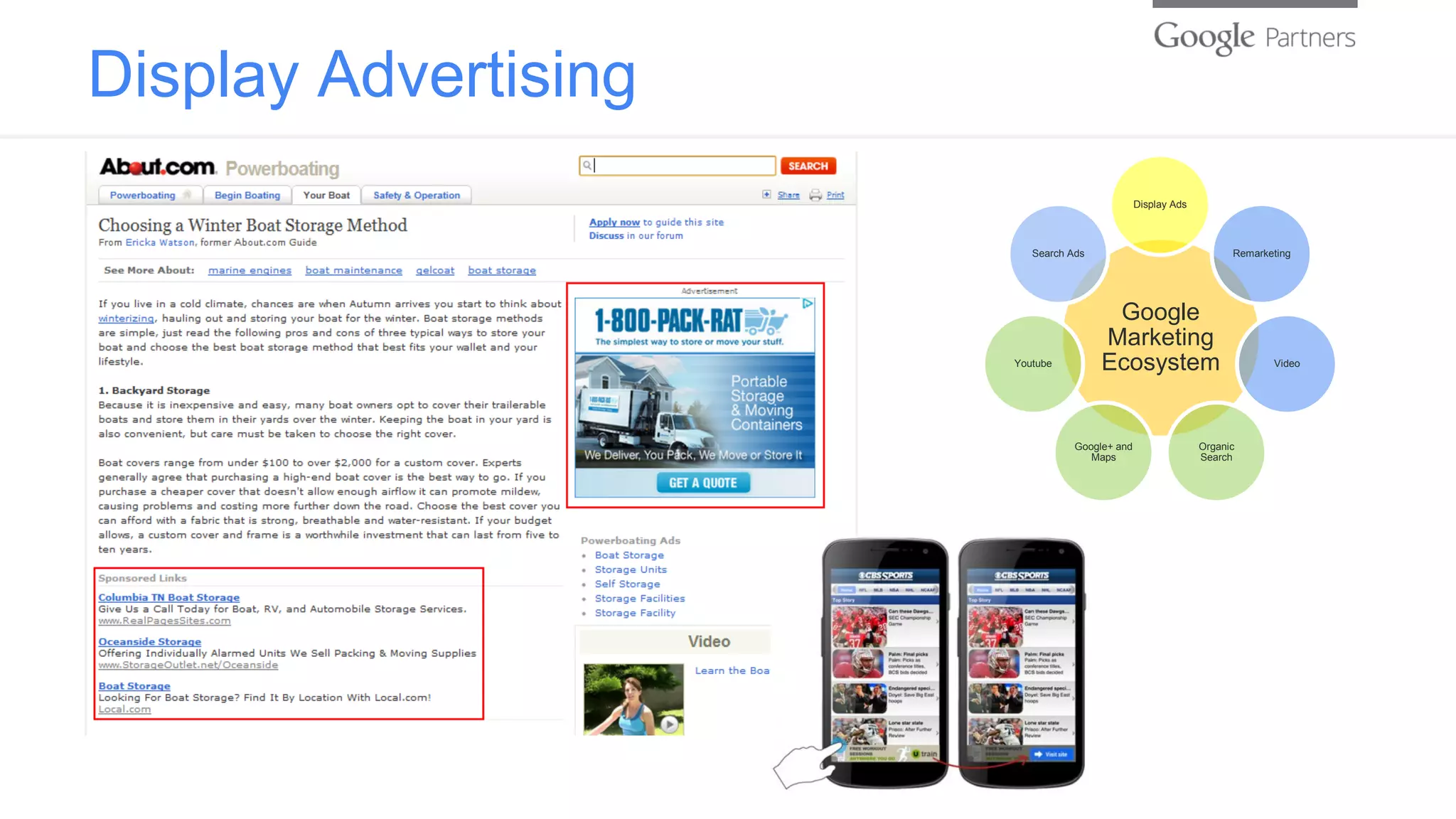 Display Advertising
Google
Marketing
Ecosystem
Display Ads
Remarketing
Video
Organic
Search
Google+ and
Maps
Youtube
Search Ads
 