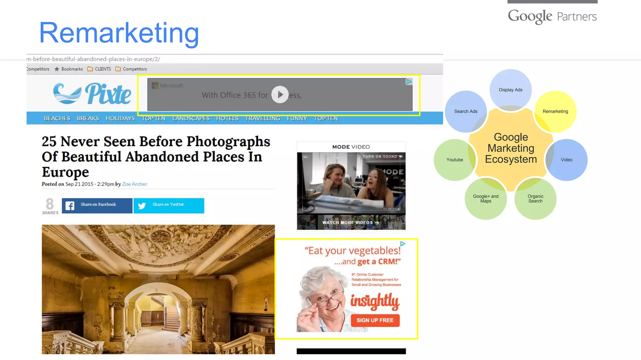 Remarketing
Google
Marketing
Ecosystem
Display Ads
Remarketing
Video
Organic
Search
Google+ and
Maps
Youtube
Search Ads
 