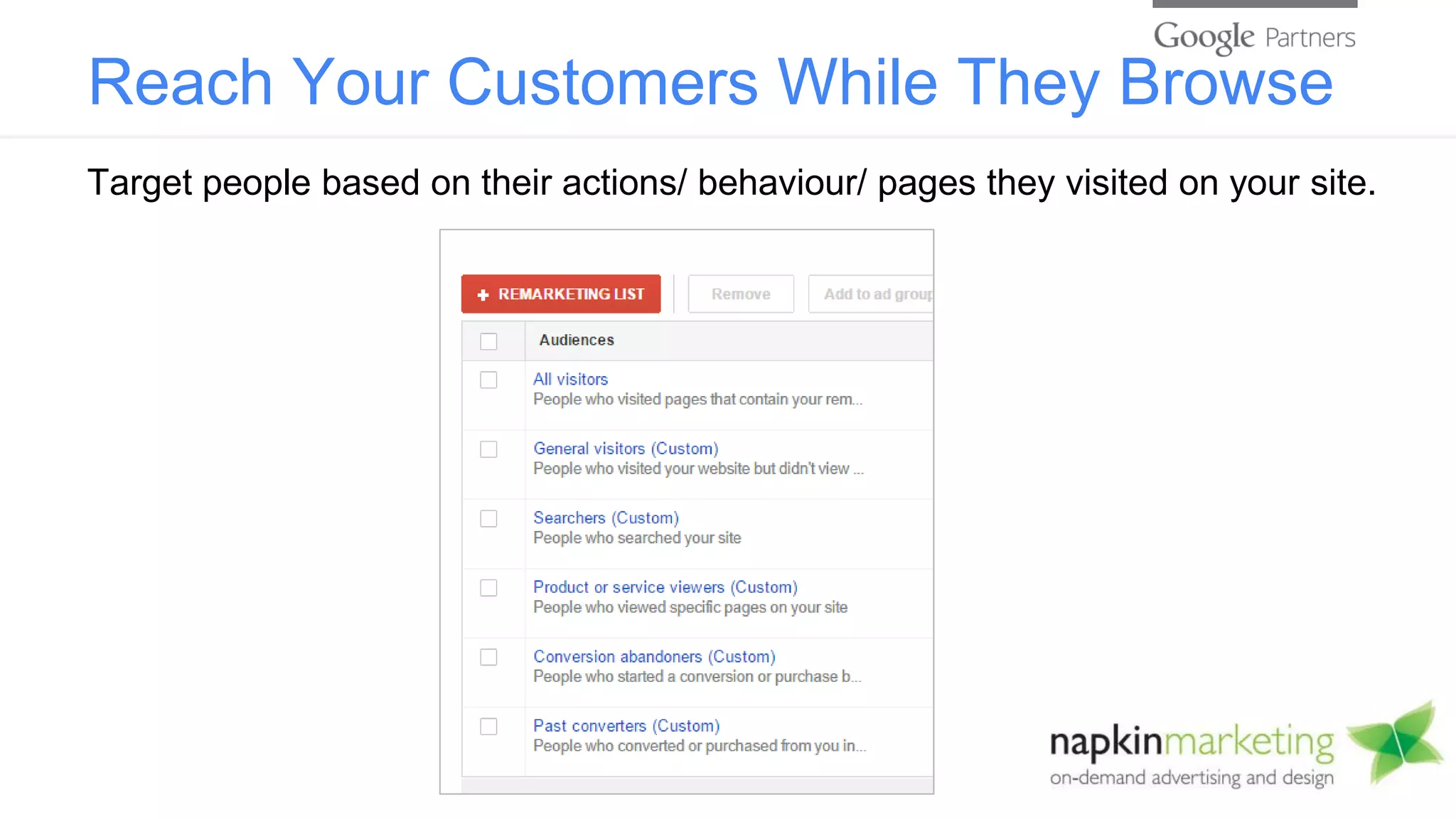 Reach Your Customers While They Browse
Target people based on their actions/ behaviour/ pages they visited on your site.
 