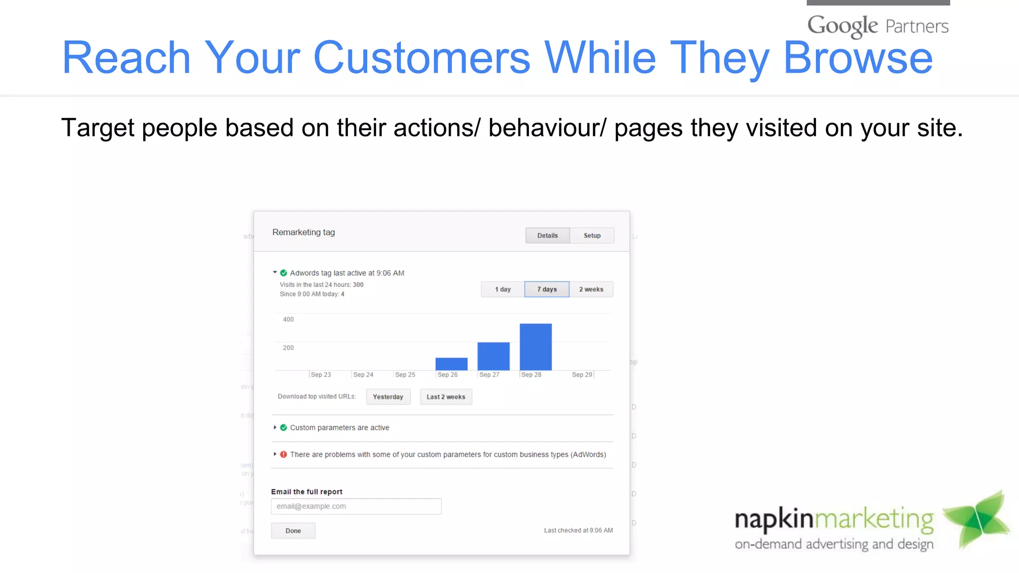Reach Your Customers While They Browse
Target people based on their actions/ behaviour/ pages they visited on your site.
 