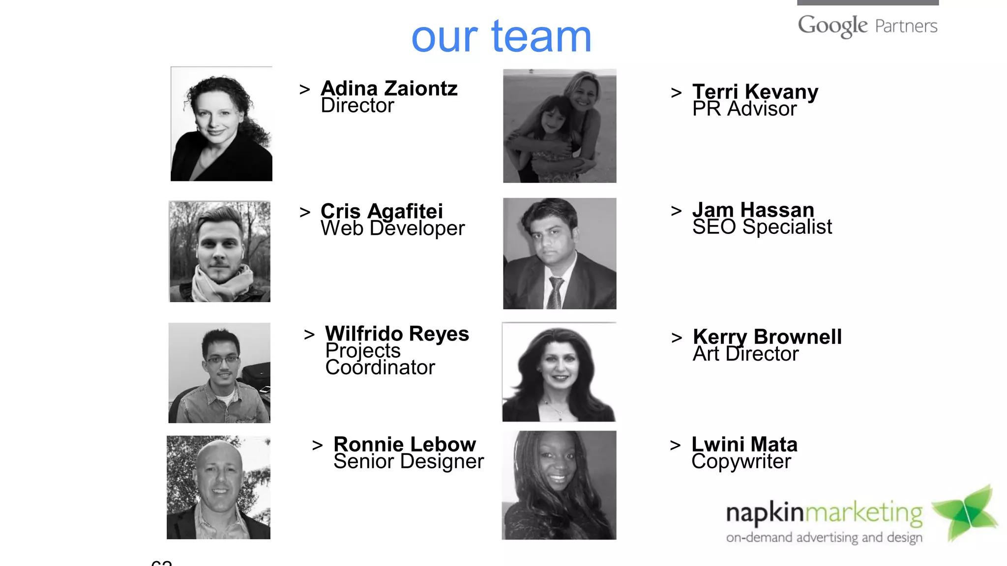 Terri Kevany
PR Advisor
Cris Agafitei
Web Developer
Adina Zaiontz
Director
our team
Jam Hassan
SEO Specialist
Kerry Brownell
Art Director
Wilfrido Reyes
Projects
Coordinator
Ronnie Lebow
Senior Designer
Lwini Mata
Copywriter
 