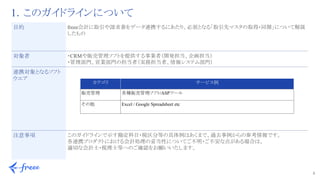 3 
1．このガイドラインについて
目的 freee会計に取引や請求書をデータ連携するにあたり、必須となる「取引先マスタの取得・同期」について解説
したもの
対象者 ・CRMや販売管理ソフトを提供する事業者（開発担当、企画担当）
・管理部門、営業部門の担当者（実務担当者、情報システム部門）
連携対象となるソフト
ウエア
注意事項 このガイドラインで示す勘定科目・税区分等の具体例はあくまで、過去事例からの参考情報です。
各連携プロダクトにおける会計処理の妥当性についてご不明・ご不安な点がある場合は、
適切な会計士・税理士等へのご確認をお願いいたします。
カテゴリ サービス例
販売管理 各種販売管理ソフト/ASPツール
その他 Excel / Google Spreadsheet etc
 