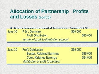 Allocation of Partnership  Profits and Losses  (cont’d) Ratio based on capital balances   (method 2) June 30 P & L Summary $60 000 Profit Distribution $60 000 transfer of profit to distribution account June 30 Profit Distribution $60 000 Becker,  Retained Earnings $36 000 Cook,  Retained Earnings $24 000   distribution of profit to partners 