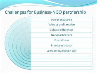 Challenges for Business-NGO partnership
 
