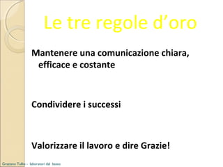 Le tre regole d’oro
Mantenere una comunicazione chiara,
efficace e costante

Condividere i successi

Valorizzare il lavoro e dire Grazie!
Graziano Tullio - laboratori dal basso

 