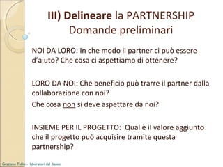 III) Delineare la PARTNERSHIP
Domande preliminari
NOI DA LORO: In che modo il partner ci può essere
d’aiuto? Che cosa ci aspettiamo di ottenere?
LORO DA NOI: Che beneficio può trarre il partner dalla
collaborazione con noi?
Che cosa non si deve aspettare da noi?
INSIEME PER IL PROGETTO: Qual è il valore aggiunto
che il progetto può acquisire tramite questa
partnership?
Graziano Tullio - laboratori dal basso

 