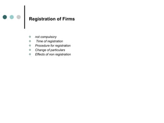Registration of Firms   not compulsory  Time of registration Procedure for registration Change of particulars Effects of non registration 